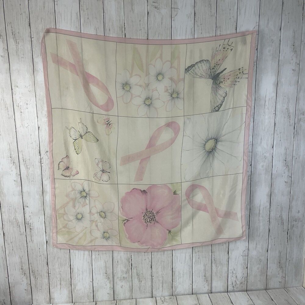 Accessory Street 100% Silk Scarf Pink Floral Butterfly Breast Cancer Awareness